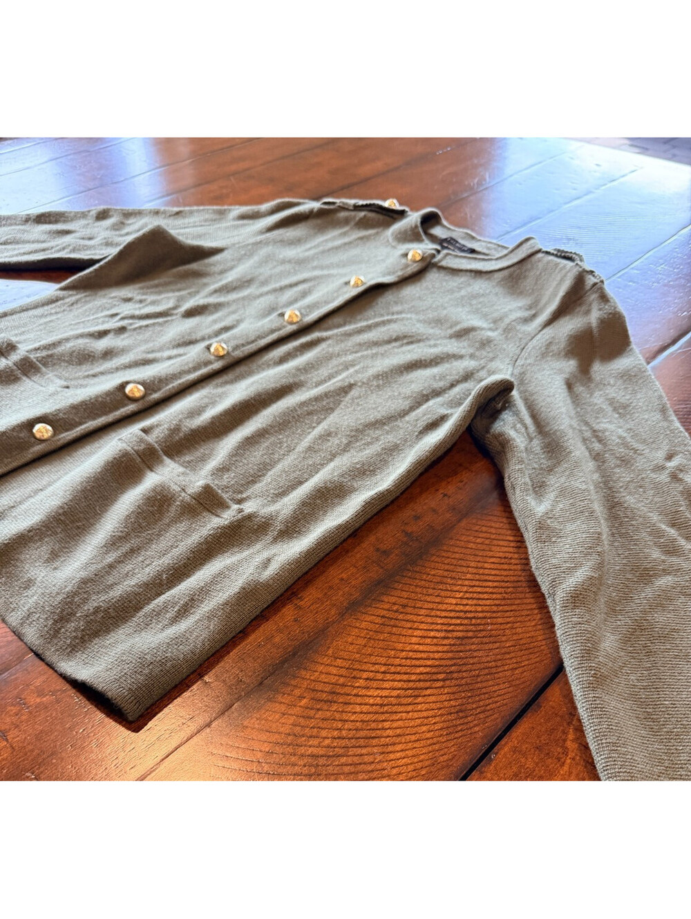 Talbots Women's M 100% Merino Wool Green Cardigan Sweater Gold Button Pockets